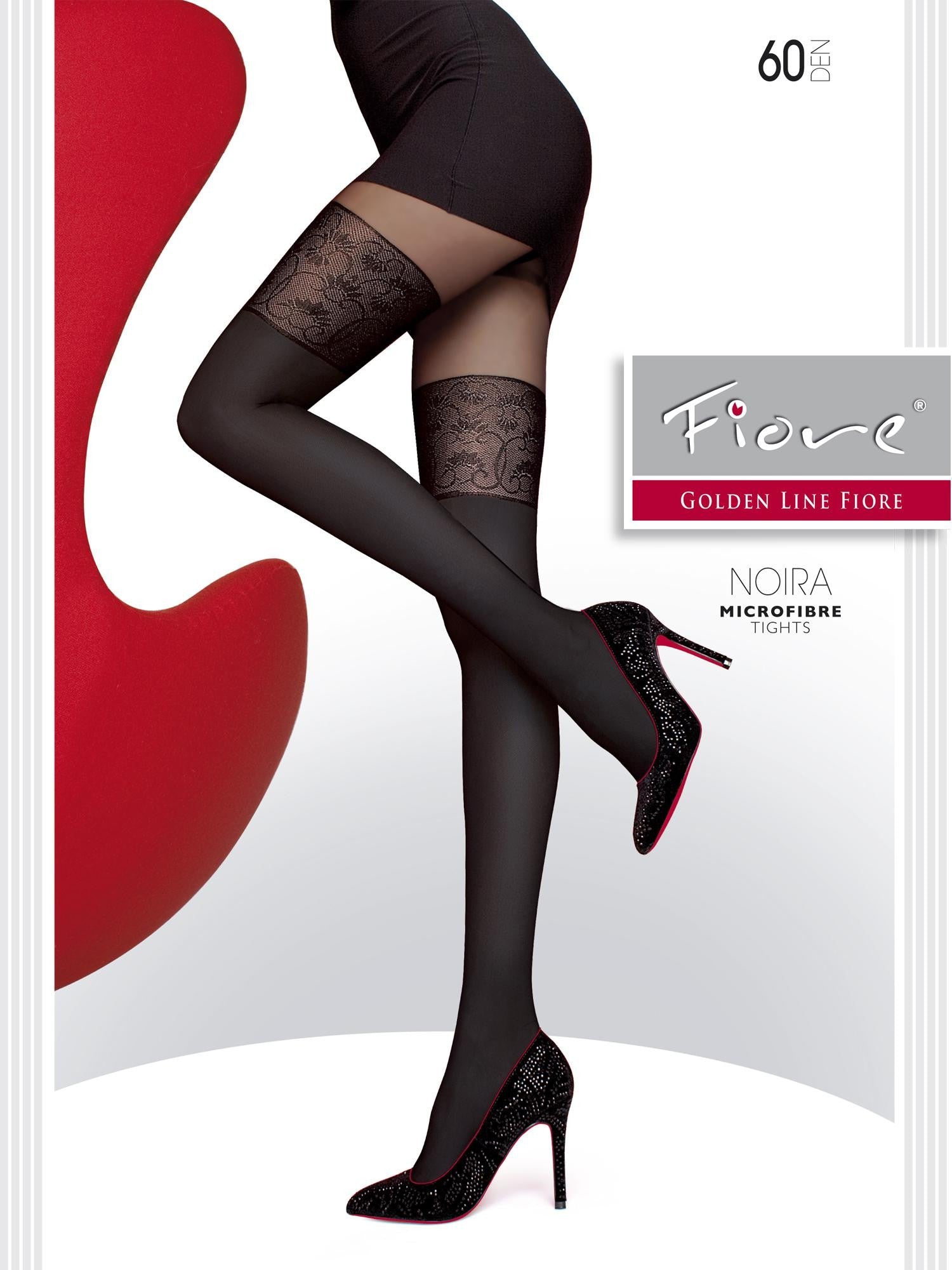 Noira 60 den Tights. Sexy tights with a hold-up imitation pattern.  Invisibly reinforced toe portion, comfortable flat seams and single-covered elastane yarn for improved durability.