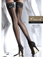 Load image into Gallery viewer, Melita 20 den Holds-ups Stockings. Sensuous patterned hold-ups with a sexy lace top and invisibly reinforced toe for elegance. Made from single-covered elastane yarn for durability. Smart matte finish, double silicone band for comfort.
